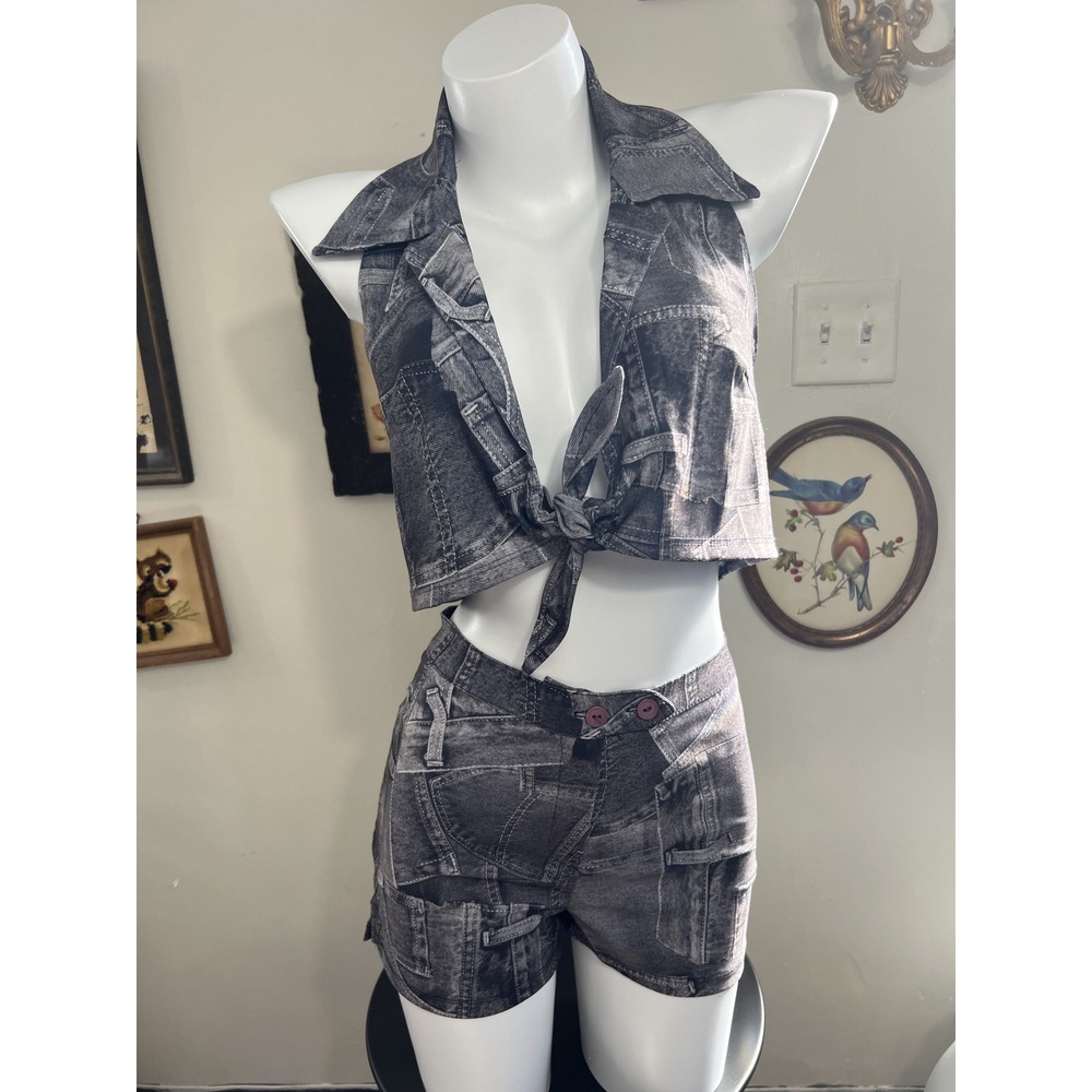 Vintage Y2K Joanna Design Faux Denim Print Halter Top Shorts Set Size Large